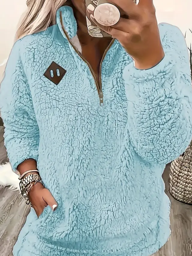 Solid Color Plush Half Zipper Pocket Pullover Sweater Top Women Sky Blue - Shop at LoveMi