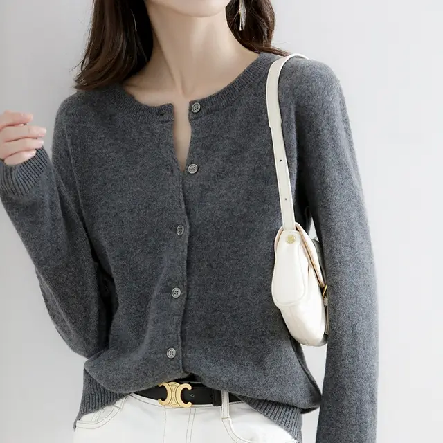 Women's Solid Color Loose Round Neck Knitted Sweater Coat Dark Gray - Shop at LoveMi
