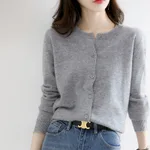 Women's Solid Color Loose Round Neck Knitted Sweater Coat - Medium Gray