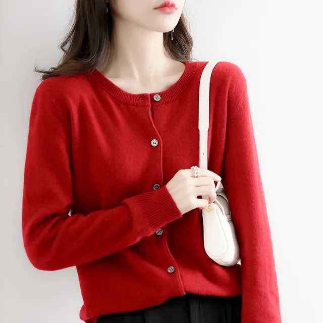 Women's Solid Color Loose Round Neck Knitted Sweater Coat Wine Red - Shop at LoveMi