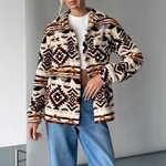New Women's Plush Printed Jacket Coat - Dark Brown