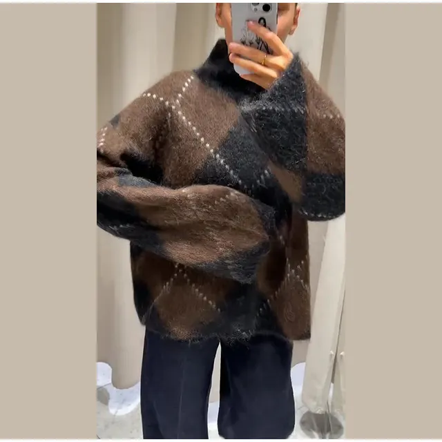 Women's Turtleneck Sweater Long Sleeve Diamond Plaid Knit Brown - Shop at LoveMi