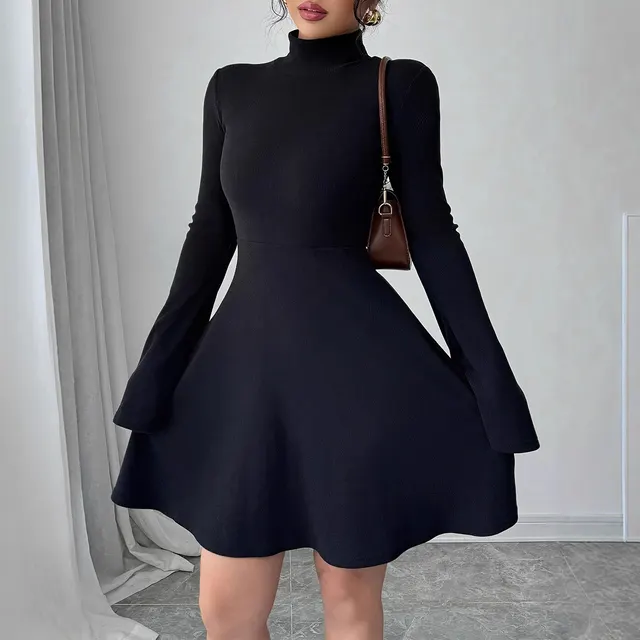 Elegant And Simple Temperament Wild Slim fit Turtleneck Long Sleeve Dress Black - Shop at LoveMi