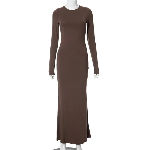 Round Neck Long Sleeve Slim Fishtail Casual Jumpsuit Brown - Shop at LoveMi