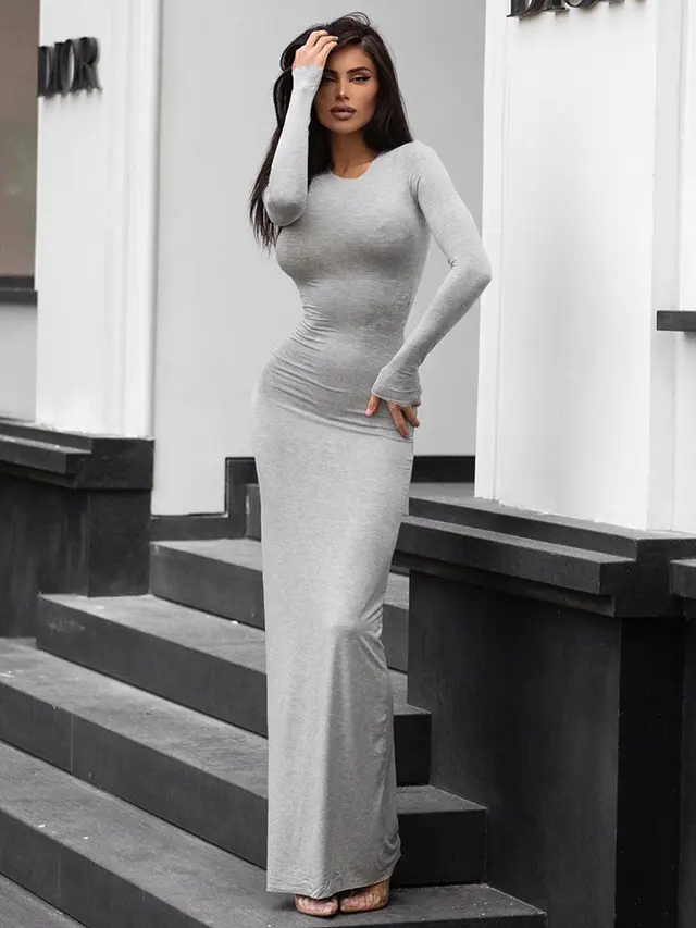 Round Neck Long Sleeve Slim Fishtail Casual Jumpsuit Gray Grey - Shop at LoveMi