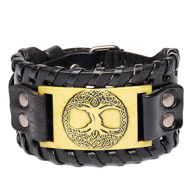 Men's Alloy Lucky Tree Accessories Width Leather Bracelet Black Leather Antique Brass - Shop at LoveMi