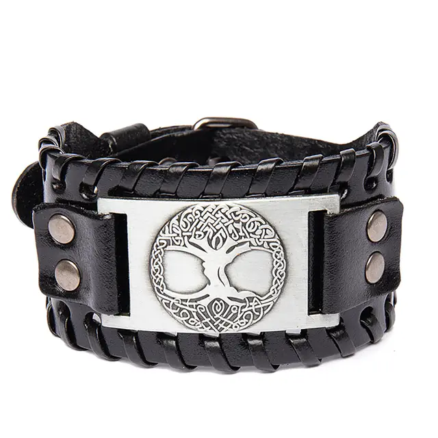 Men's Alloy Lucky Tree Accessories Width Leather Bracelet Black Leather Antique Silver - Shop at LoveMi