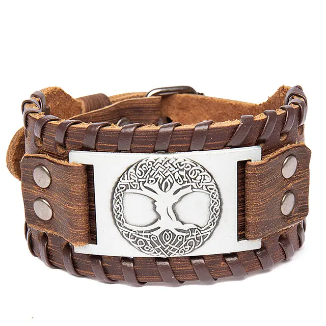 Men's Alloy Lucky Tree Accessories Width Leather Bracelet Brown Antique Silver - Shop at LoveMi
