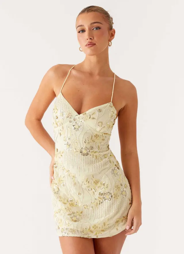 Personalized Embroidered Piece Beaded Back Lace up Dress Apricot - Shop at LoveMi