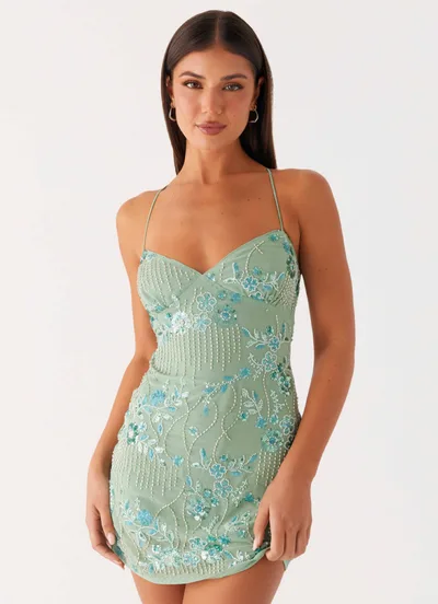 Personalized Embroidered Piece Beaded Back Lace up Dress Emerald Green - Shop at LoveMi