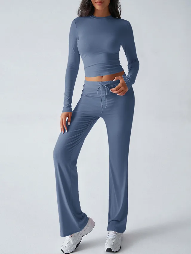 Women's Long Sleeve Straight leg Pants Suit Denim Blue - Shop at LoveMi