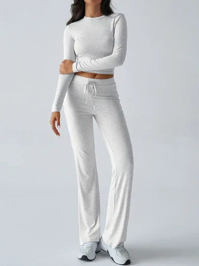 Women's Long Sleeve Straight leg Pants Suit White Flower Gray - Shop at LoveMi