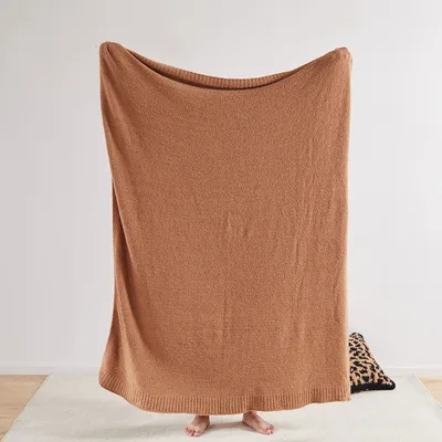 Half Velvet Sofa Knitted Jacquard Solid Color Furniture Blanket Camel - Shop at LoveMi