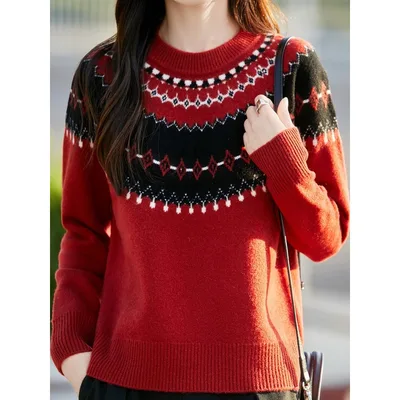 Jacquard Round Neck Multicolor Sweater For Women Multicolor - Shop at LoveMi