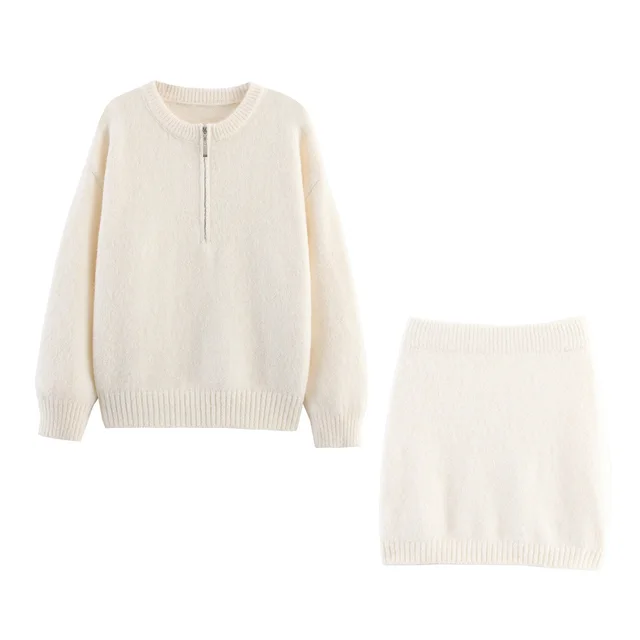 Round Neck Half Long sleeve Zipper Top Short Skirt Knitting Suit Beige - Shop at LoveMi