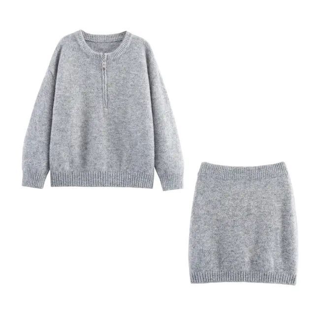 Round Neck Half Long sleeve Zipper Top Short Skirt Knitting Suit Gray - Shop at LoveMi