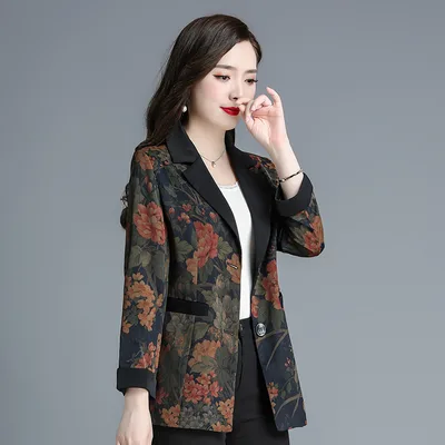 Loose Western Style Younger Pattern Print V neck Cardigan Autumn Top Women Peony Flower - Shop at LoveMi