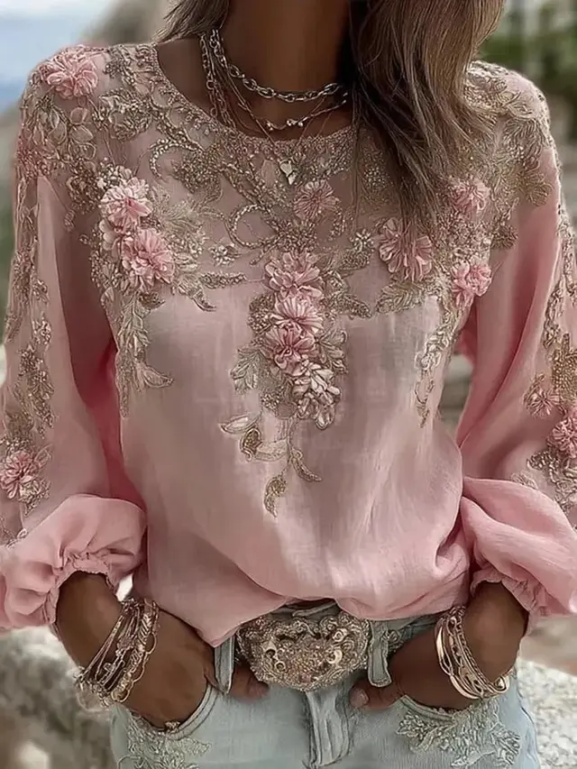 Printed Women's Round Neck Long Sleeve Vintage Bohemian Top Sjwct025 - Shop at LoveMi