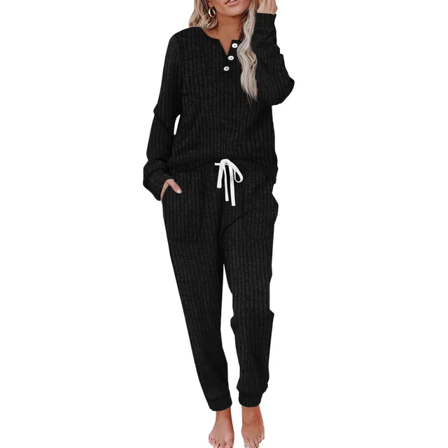 Women's Casual Pocket Suit Buckle Sports Sweater And Trousers Sports Suit Black - Shop at LoveMi