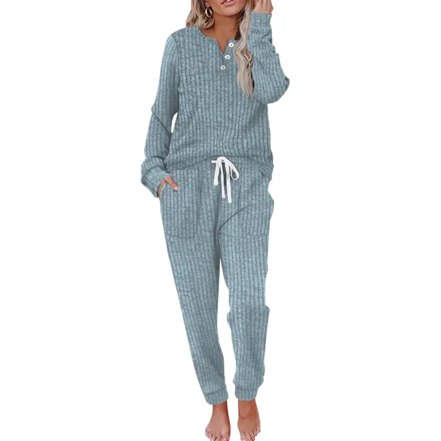 Women's Casual Pocket Suit Buckle Sports Sweater And Trousers Sports Suit Blue - Shop at LoveMi