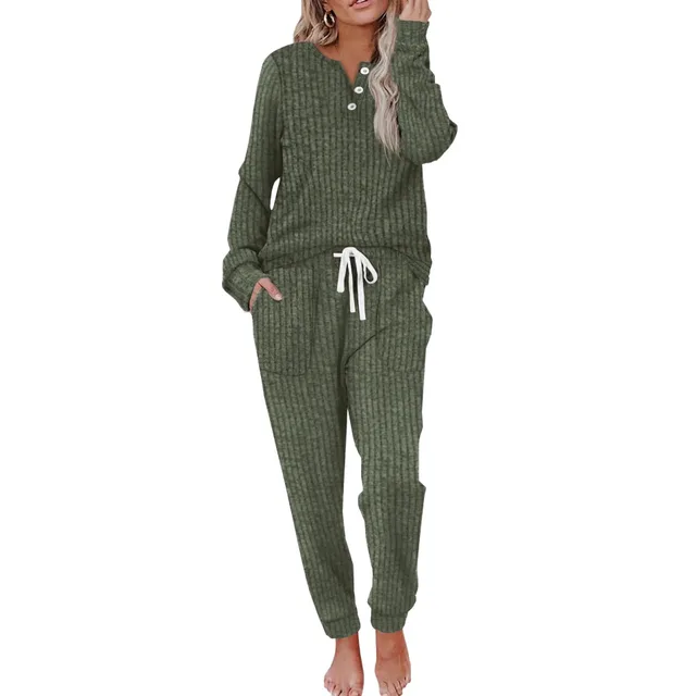 Women's Casual Pocket Suit Buckle Sports Sweater And Trousers Sports Suit Green - Shop at LoveMi