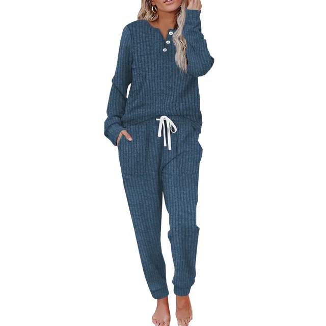 Women's Casual Pocket Suit Buckle Sports Sweater And Trousers Sports Suit Navy Blue - Shop at LoveMi