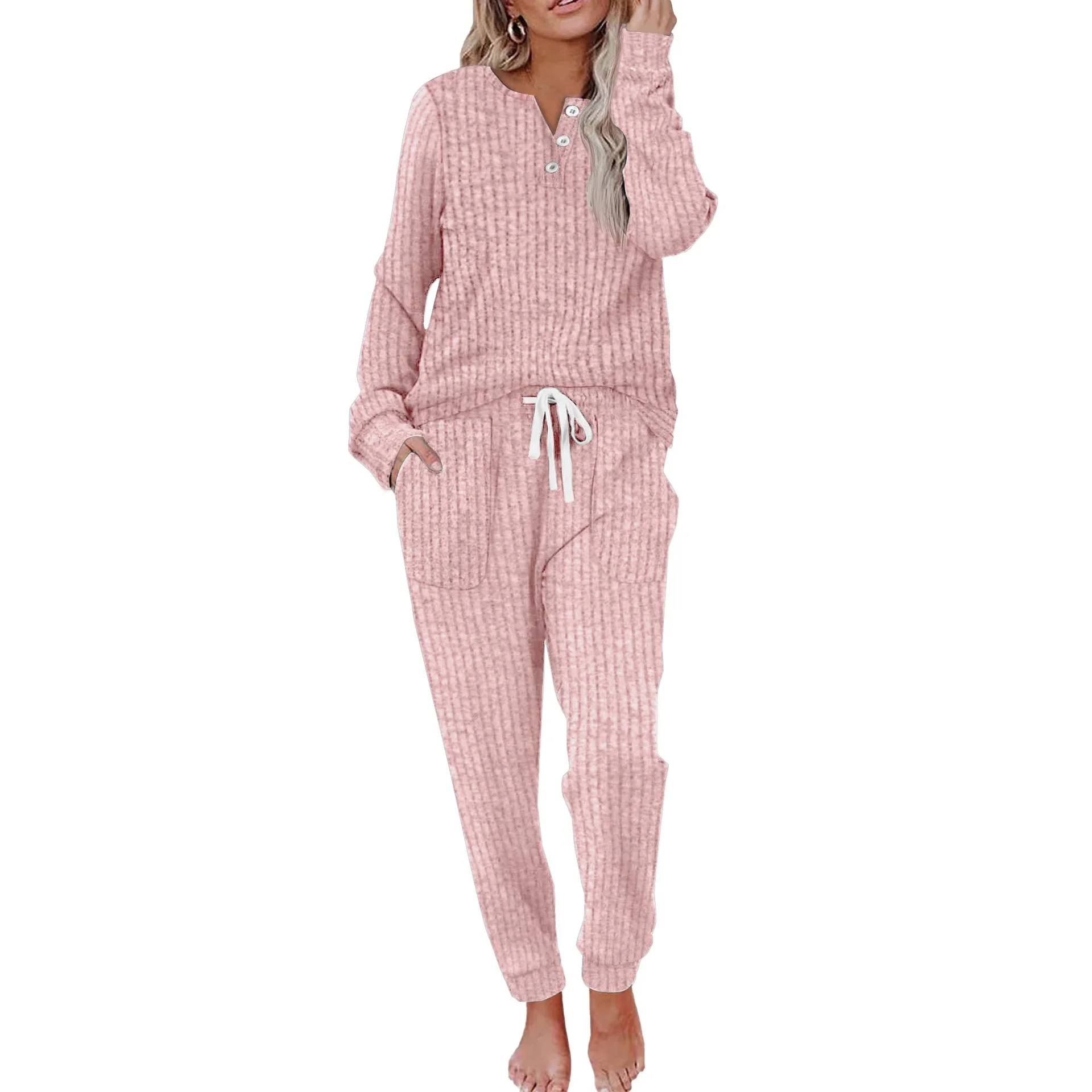 Women's Casual Pocket Suit Buckle Sports Sweater And Trousers Sports Suit - Pink