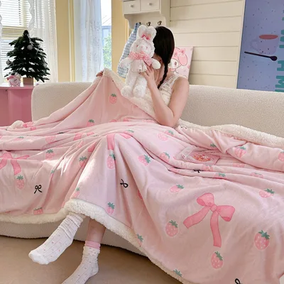 Class A Lambswool Travel Casual Blanket Ins Style Double layer Sofa Strawberry Garden - Shop at LoveMi