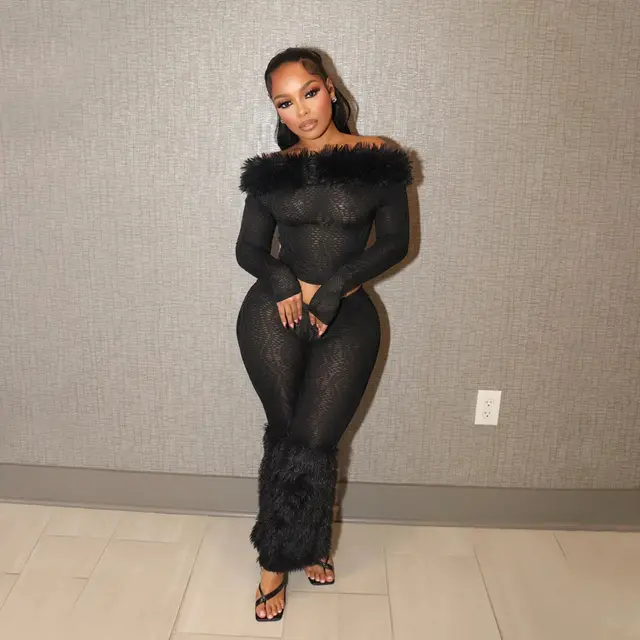 Long sleeved Off shoulder Top Slim fit Trousers Furry Two piece Set Black - Shop at LoveMi