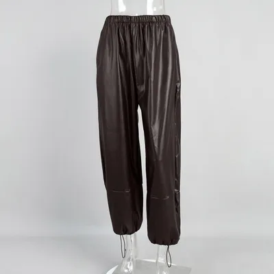 Drawstring Ankle tied Bloomers Loose Leather Pants PU Leather Trousers Dark Brown - Shop at LoveMi