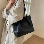 Retro Easy Matching Shoulder Commuter Tote Bag For Work - Black