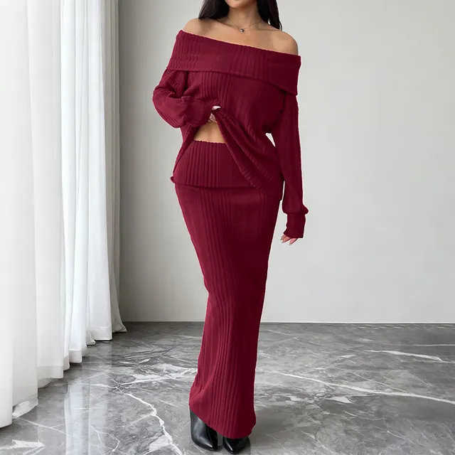 Off shoulder Top Knitted Two piece Women Wine Red - Shop at LoveMi