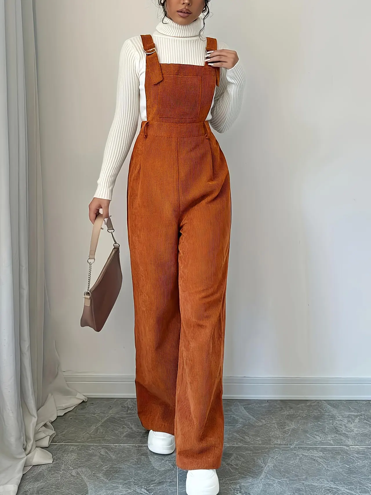 Corduroy Loose Straight Bib Pants Women - Caramel Color