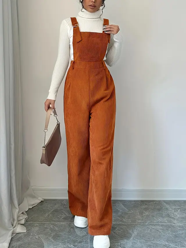 Corduroy Loose Straight Bib Pants Women Caramel Color - Shop at LoveMi