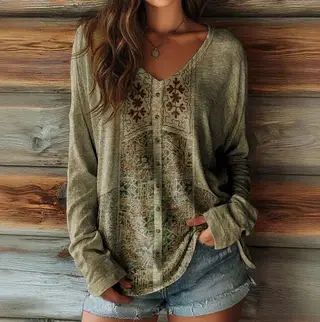 Women's Loose And Stylish Long Sleeves T-shirt Mild Luxury Retro Picture - Wb21Ry250924Y011