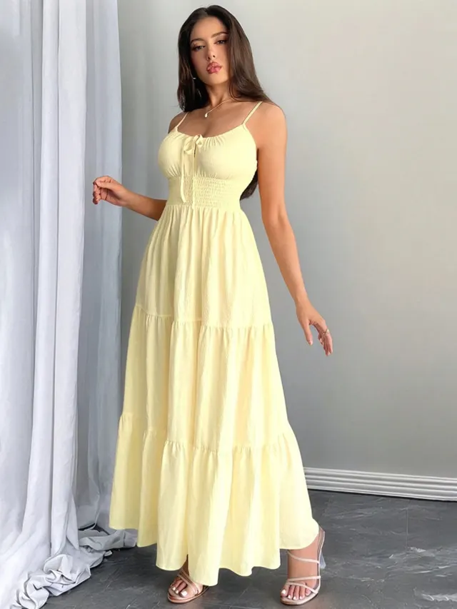 Sexy Backless Swing Long Slip Dress Light Yellow - Shop at LoveMi