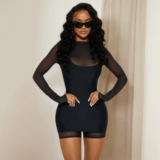 Solid Color Long Sleeve Mesh Stitching Jumpsuit Suspender Dress Suit Black - Shop at LoveMi