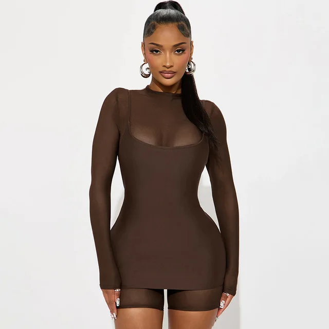 Solid Color Long Sleeve Mesh Stitching Jumpsuit Suspender Dress Suit Brown - Shop at LoveMi