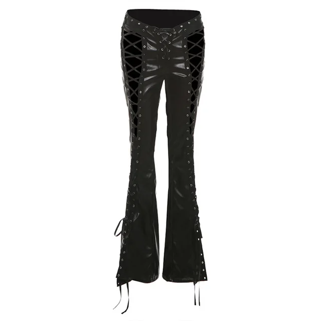 Slim Fit Hollow Lace Up PU Leather Pants Slim Fit Hollow Out Tied PU Leather Pants Women Black - Shop at LoveMi