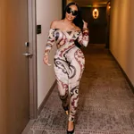 Sexy Print Off-shoulder Cinched Bodycon One-piece Trousers - Color