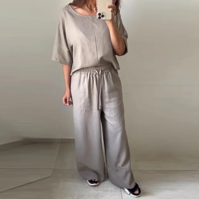 Casual Women's Round Neck Shirt With Half Sleeve Top Wide Leg Pants Suit Gray - Shop at LoveMi