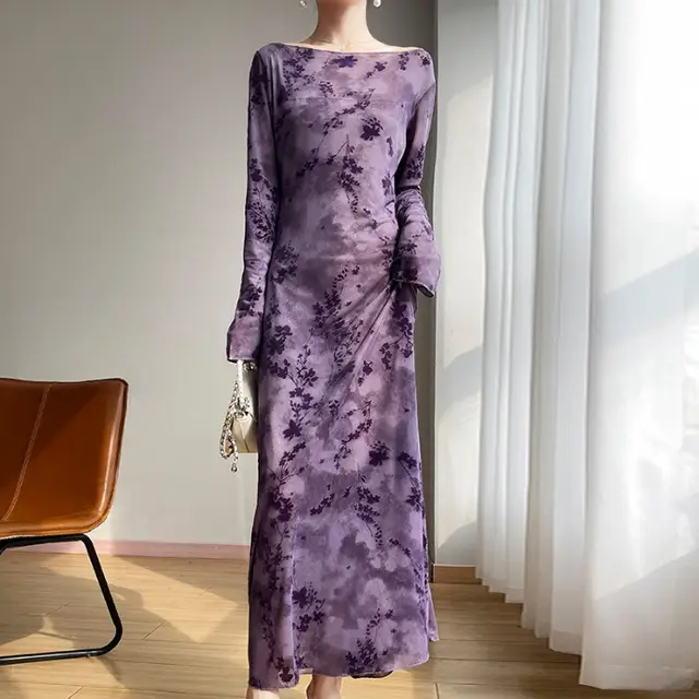 Female Slimming Boat neck Temperament Long Dress Purple - Shop at LoveMi