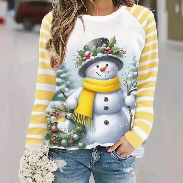 Large Size Women's Snowman Pattern Long Sleeve Yellow - Shop at LoveMi