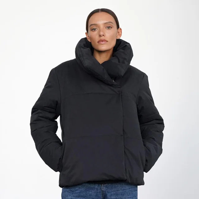 New Asymmetric Hidden Hook Warm Turtleneck Cotton padded Jacket Black - Shop at LoveMi