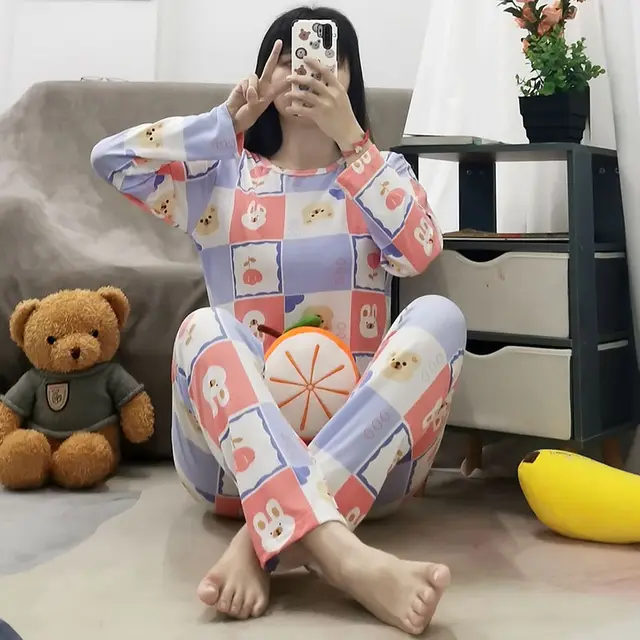 Simple Casual Spring Autumn Pajamas Women Korean Style Solid Color Plaid Fetish Long sleeve Suit Plaid Rabbit Long Sleeve - Shop at LoveMi