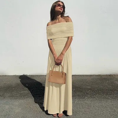 Women's Fashionable Elegant Slim fit Off neck Tube Top Solid Color Waist Tight Dress Apricot - Shop at LoveMi