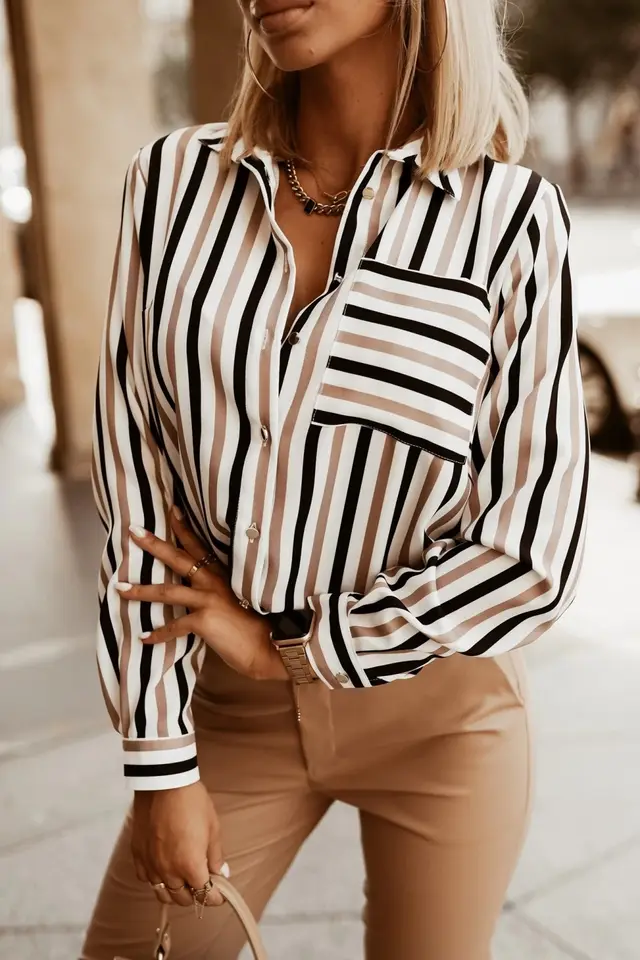Versatile Simple Striped Printed Collar Shirt For Women Khaki - Shop at LoveMi