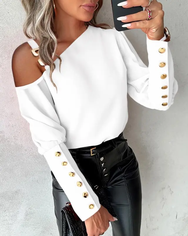 Solid Color Shoulder Collar Button Shirt For Women White - Shop at LoveMi