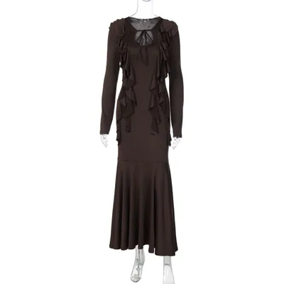 Ruffles Lace up Long Sleeve Waist Dress Brown - Shop at LoveMi