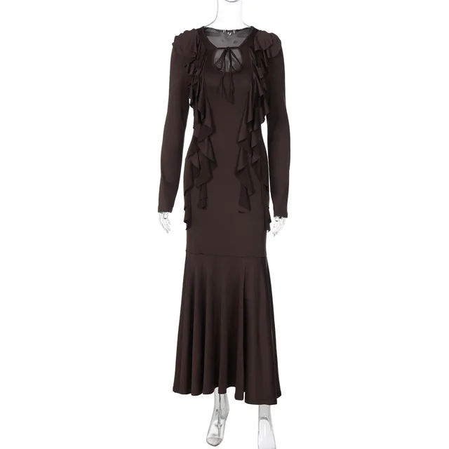 Ruffles Lace up Long Sleeve Waist Dress Brown - Shop at LoveMi